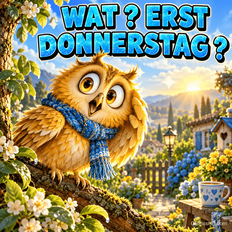 Eine überraschte Eule mit blauem Schal sitzt auf einem blühenden Ast: "WAT? ERST DONNERSTAG?". Eine überraschte Eule mit blauem Schal sitzt auf einem blühenden Ast: "WAT? ERST DONNERSTAG?".