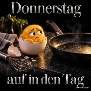 Ein besorgtes Eigelb mit Gesicht sitzt in einer Eierschale neben einer dampfenden Pfanne: "Donnerstag Auf in den Tag".