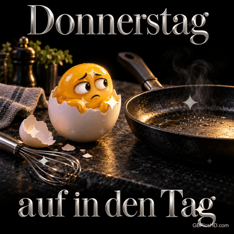 Ein besorgtes Eigelb mit Gesicht sitzt in einer Eierschale neben einer dampfenden Pfanne: "Donnerstag Auf in den Tag". Ein besorgtes Eigelb mit Gesicht sitzt in einer Eierschale neben einer dampfenden Pfanne: "Donnerstag Auf in den Tag".