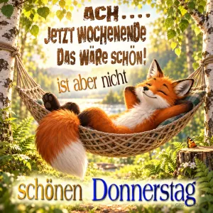Ein Fuchs ruht in einer Hängematte: "Ach... Jetzt Wochenende Das wäre schön! Ist aber nicht Schönen Donnerstag".