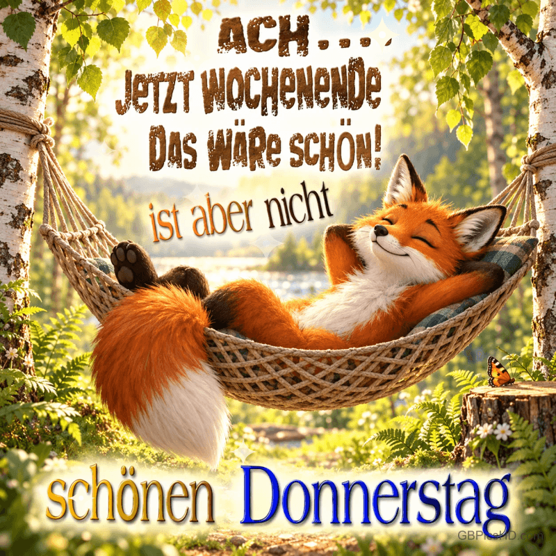 Ein Fuchs ruht in einer Hängematte: "Ach... Jetzt Wochenende Das wäre schön! Ist aber nicht Schönen Donnerstag". Ein Fuchs ruht in einer Hängematte: "Ach... Jetzt Wochenende Das wäre schön! Ist aber nicht Schönen Donnerstag".