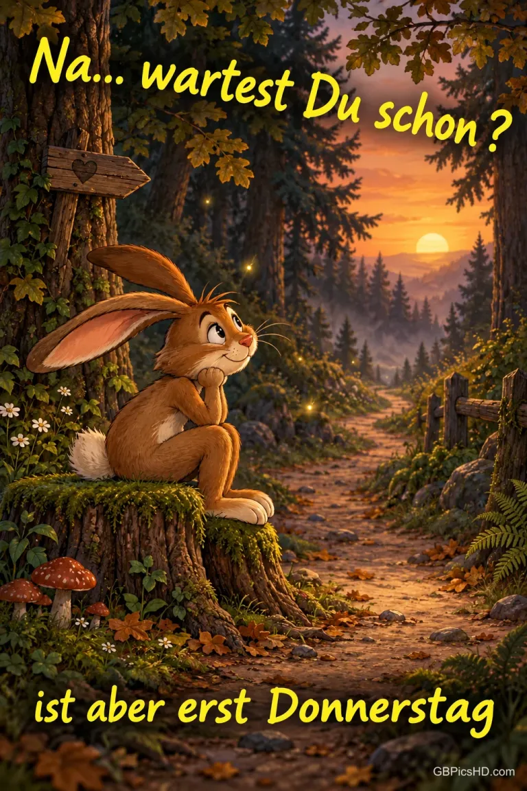 Ein Hase sitzt auf einem Baumstumpf am Waldweg im Abendlicht: "Na... wartest du schon? Ist aber erst Donnerstag".