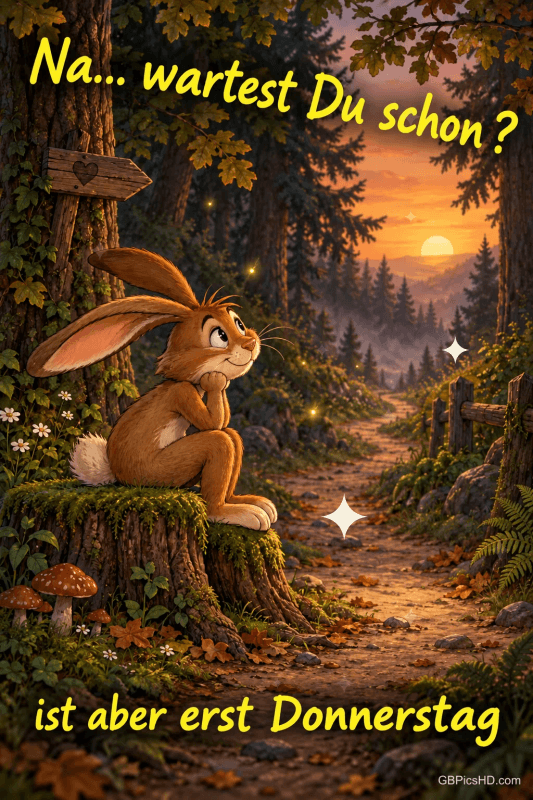 Ein Hase sitzt auf einem Baumstumpf am Waldweg im Abendlicht: "Na... wartest du schon? Ist aber erst Donnerstag". Ein Hase sitzt auf einem Baumstumpf am Waldweg im Abendlicht: "Na... wartest du schon? Ist aber erst Donnerstag".