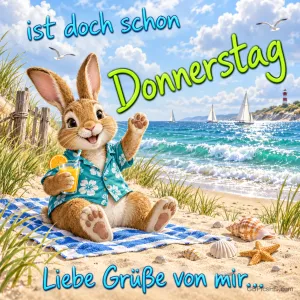 Ein Hase im Blumenhemd winkt am Strand mit einem Getränk in der Pfote: "Liebe Grüße von mir...".