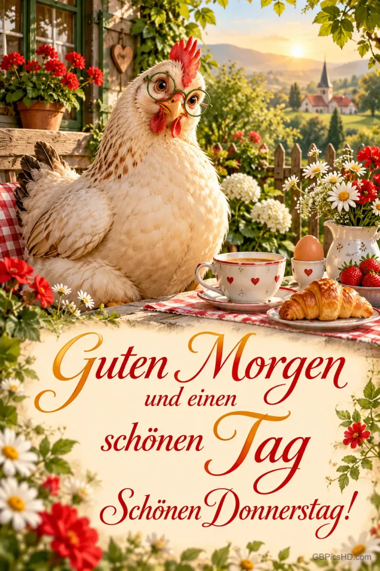 Eine Henne mit Brille sitzt am Frühstückstisch mit Tasse, Ei und Croissant: "Guten Morgen und einen schönen Tag Schönen Donnerstag!".