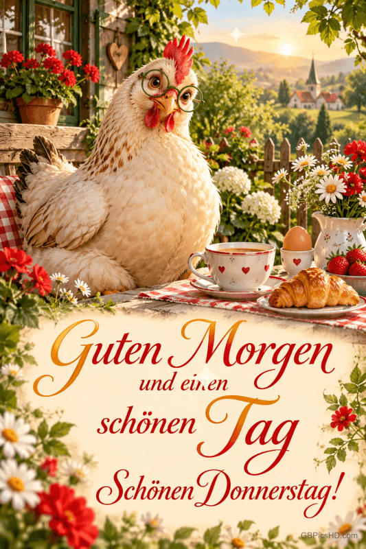 Eine Henne mit Brille sitzt am Frühstückstisch mit Tasse, Ei und Croissant: "Guten Morgen und einen schönen Tag Schönen Donnerstag!". Eine Henne mit Brille sitzt am Frühstückstisch mit Tasse, Ei und Croissant: "Guten Morgen und einen schönen Tag Schönen Donnerstag!".