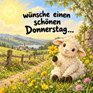 Ein Lamm hält eine gelbe Blume auf einer sonnigen Wiese mit Blick auf See und Dorf: "Wünsche einen schönen Donnerstag...".