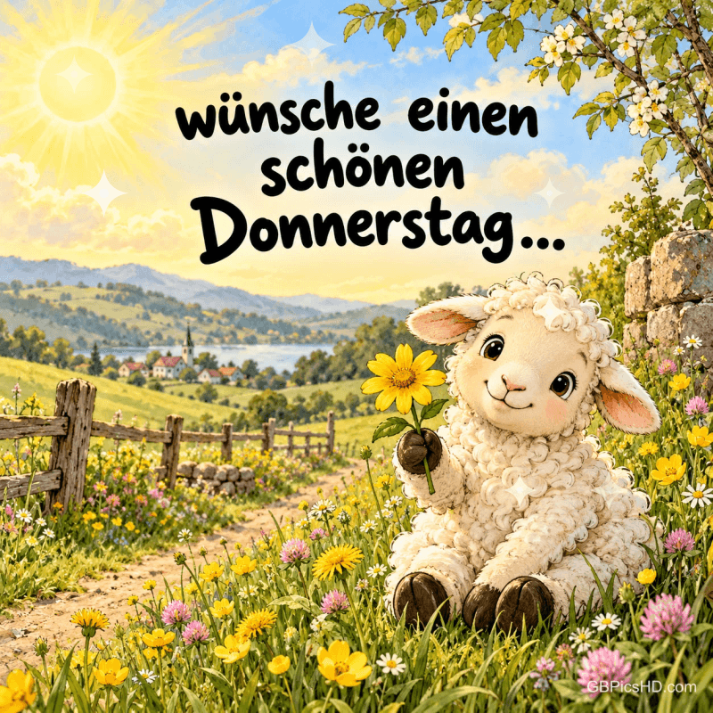 Ein Lamm hält eine gelbe Blume auf einer sonnigen Wiese mit Blick auf See und Dorf: "Wünsche einen schönen Donnerstag...". Ein Lamm hält eine gelbe Blume auf einer sonnigen Wiese mit Blick auf See und Dorf: "Wünsche einen schönen Donnerstag...".