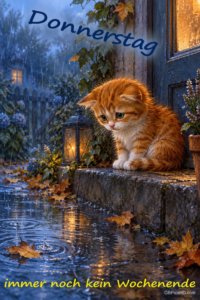 Eine orange Katze sitzt im Regen neben einer Laterne: "Donnerstag immer noch kein Wochenende".