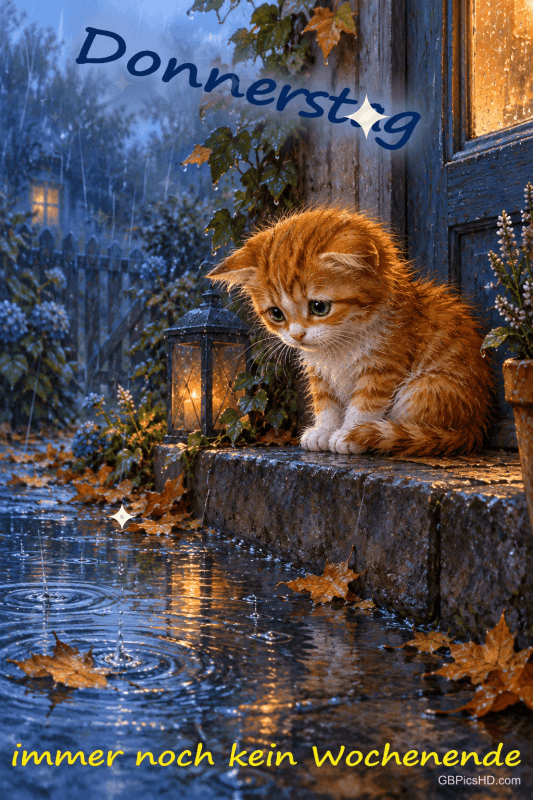 Eine orange Katze sitzt im Regen neben einer Laterne: "Donnerstag immer noch kein Wochenende". Eine orange Katze sitzt im Regen neben einer Laterne: "Donnerstag immer noch kein Wochenende".