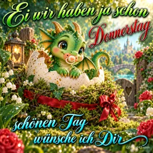 Ein grüner Babydrache sitzt in einer Eierschale: "Ei wir haben ja schon Donnerstag Schönen Tag wünsche ich Dir".