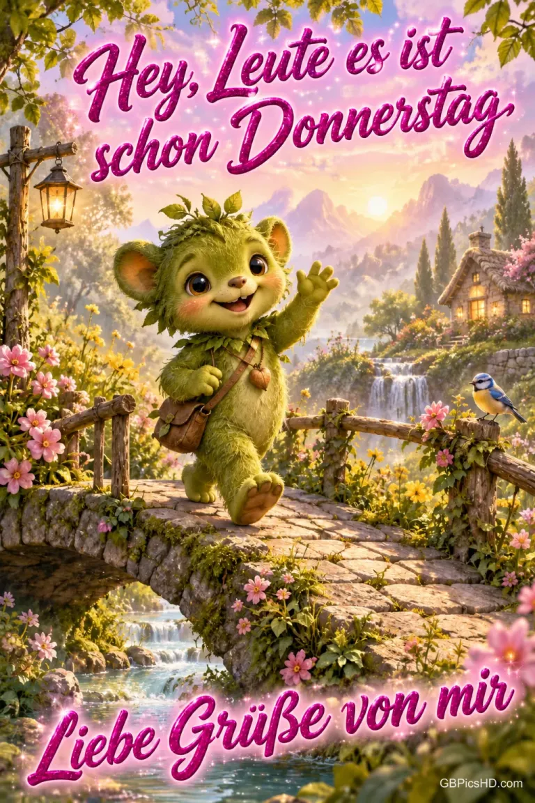 Ein grünes Fantasiewesen winkt auf einer Blumenbrücke: "Hey, Leute es ist schon Donnerstag Liebe Grüße von mir".
