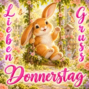 Ein braunes Kaninchen winkt auf einer blumengeschmückten Schaukel: "Lieben Gruß Donnerstag".