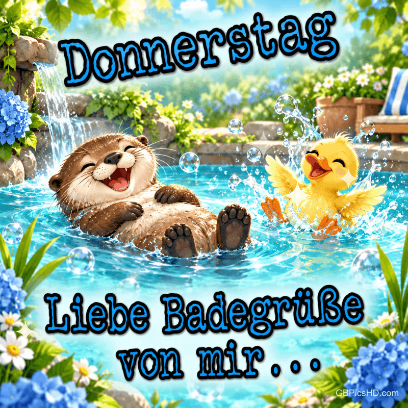 Ein Otter und ein gelbes Entenküken planschen im blauen Wasser: "Donnerstag Liebe Badegrüße von mir...". Ein Otter und ein gelbes Entenküken planschen im blauen Wasser: "Donnerstag Liebe Badegrüße von mir...".