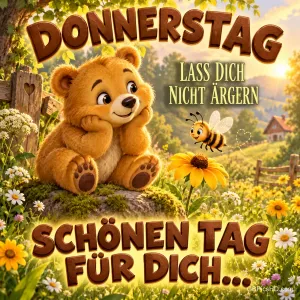 Ein Bär sitzt neben einer Biene und einer gelben Blume: "DONNERSTAG LASS DICH NICHT ÄRGERN SCHÖNEN TAG FÜR DICH...".