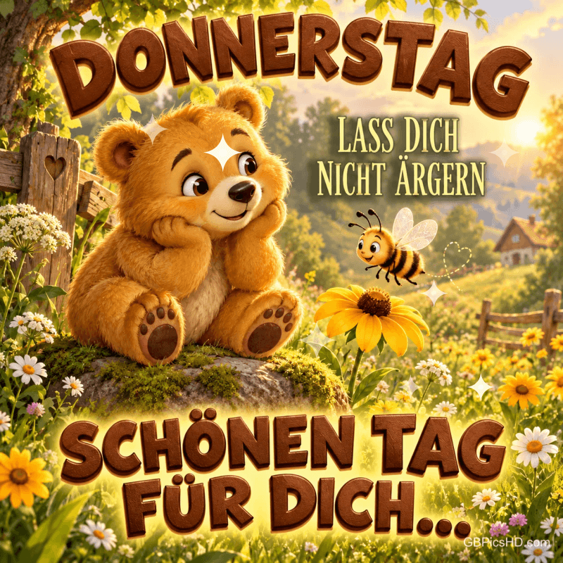 Ein Bär sitzt neben einer Biene und einer gelben Blume: "DONNERSTAG LASS DICH NICHT ÄRGERN SCHÖNEN TAG FÜR DICH...". Ein Bär sitzt neben einer Biene und einer gelben Blume: "DONNERSTAG LASS DICH NICHT ÄRGERN SCHÖNEN TAG FÜR DICH...".