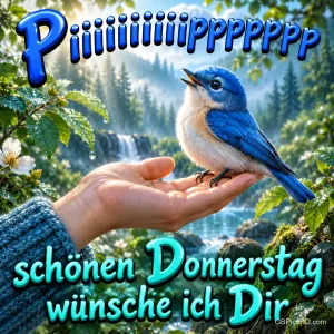 Ein blauer Vogel sitzt mit offenem Schnabel auf einer Hand: "Piiiiiiiiiippppppp Schönen Donnerstag wünsche ich Dir".