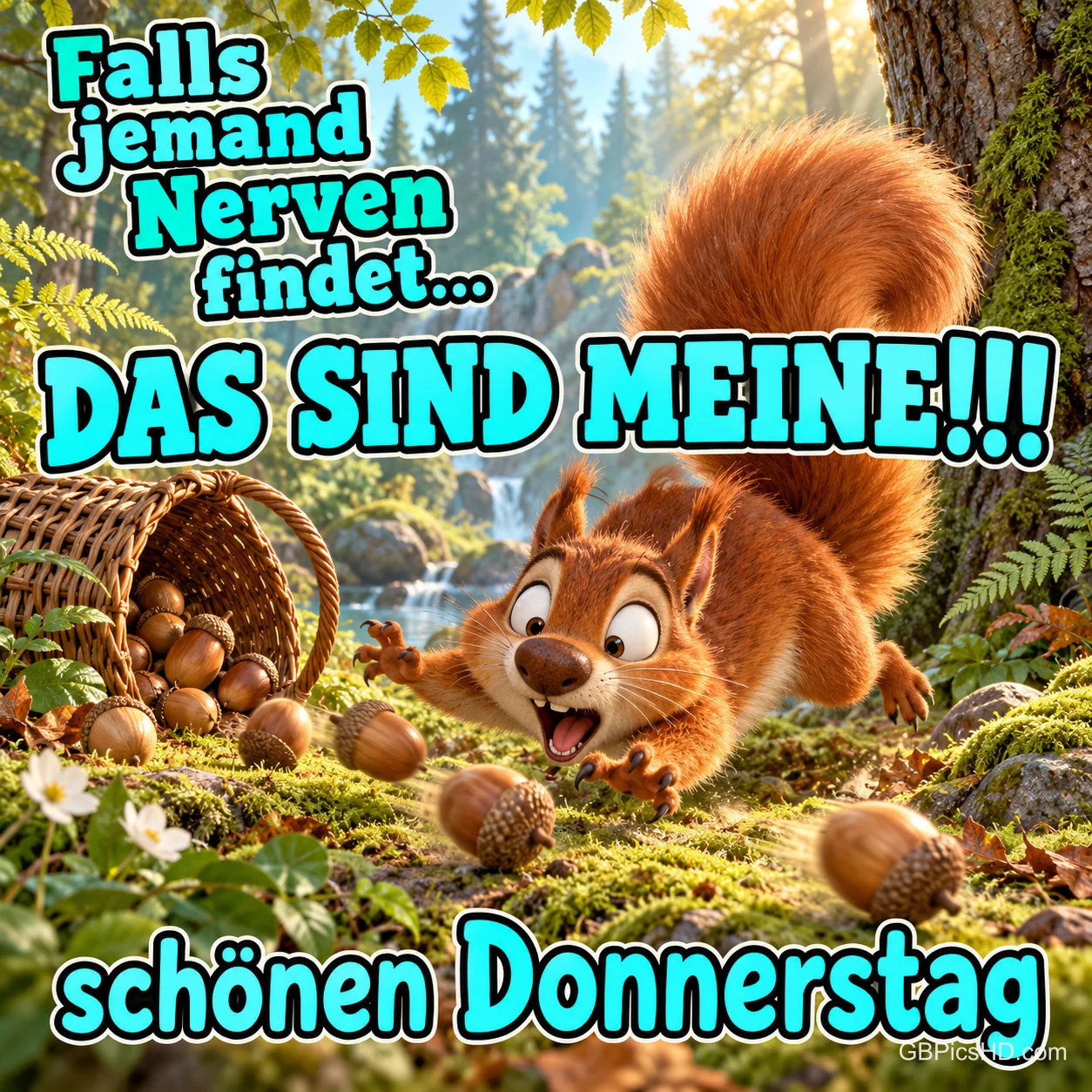 Ein Eichhörnchen jagt verstreuten Eicheln hinterher: "Falls jemand Nerven findet... DAS SIND MEINE!!! Schönen Donnerstag". Ein Eichhörnchen jagt verstreuten Eicheln hinterher: "Falls jemand Nerven findet... DAS SIND MEINE!!! Schönen Donnerstag".