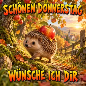 Ein Igel trägt einen Apfel durch eine Herbstlandschaft mit dem Gruß "Schönen Donnerstag wünsche ich dir".
