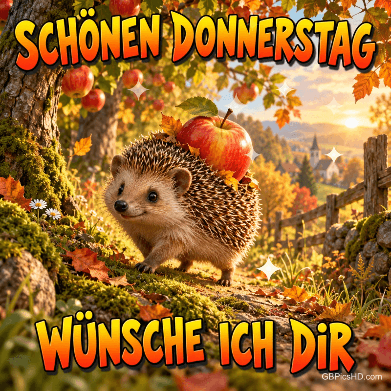 Ein Igel trägt einen Apfel durch eine Herbstlandschaft mit dem Gruß "Schönen Donnerstag wünsche ich dir". Ein Igel trägt einen Apfel durch eine Herbstlandschaft mit dem Gruß "Schönen Donnerstag wünsche ich dir".