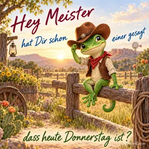 Ein Frosch mit Cowboyhut sitzt am Zaun mit dem Gruß "Hey Meister, hat Dir schon einer gesagt, dass heute Donnerstag ist?".