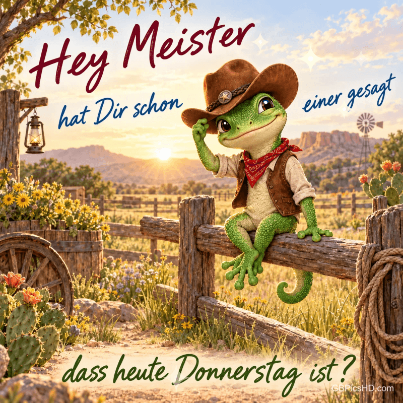 Ein Frosch mit Cowboyhut sitzt am Zaun mit dem Gruß "Hey Meister, hat Dir schon einer gesagt, dass heute Donnerstag ist?". Ein Frosch mit Cowboyhut sitzt am Zaun mit dem Gruß "Hey Meister, hat Dir schon einer gesagt, dass heute Donnerstag ist?".