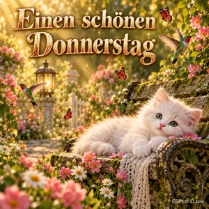Ein weißes Kätzchen liegt zwischen Blumen auf einer Gartenbank unter dem Gruß "Einen schönen Donnerstag".