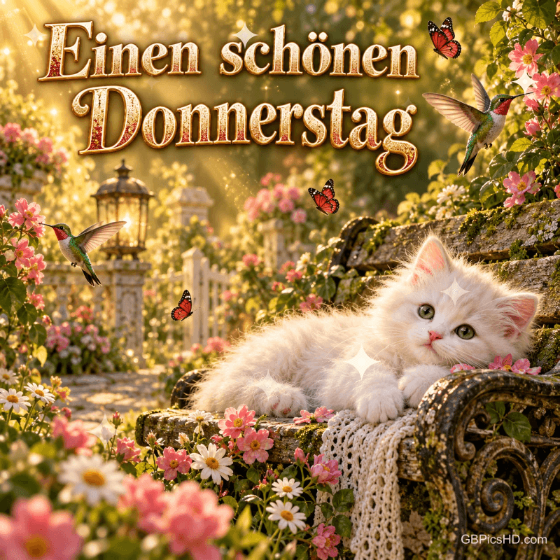 Ein weißes Kätzchen liegt zwischen Blumen auf einer Gartenbank unter dem Gruß "Einen schönen Donnerstag". Ein weißes Kätzchen liegt zwischen Blumen auf einer Gartenbank unter dem Gruß "Einen schönen Donnerstag".