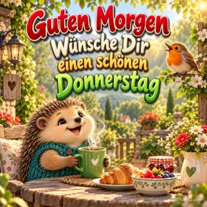 Ein Igel hält eine Tasse am Frühstückstisch, daneben sitzt ein Rotkehlchen: "Guten Morgen Wünsche Dir einen schönen Donnerstag".