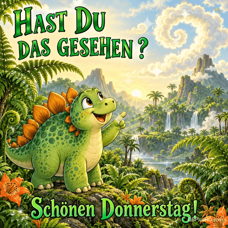 Ein grüner Dinosaurier zeigt auf eine Fragezeichenwolke über einer Landschaft mit Wasserfällen: "Schönen Donnerstag!". Ein grüner Dinosaurier zeigt auf eine Fragezeichenwolke über einer Landschaft mit Wasserfällen: "Schönen Donnerstag!".
