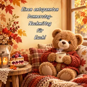 Ein Teddybär im roten Strickpullover hält eine Tasse neben Kuchen mit dem Gruß "Einen entspannten Donnerstag-Nachmittag für Euch!".