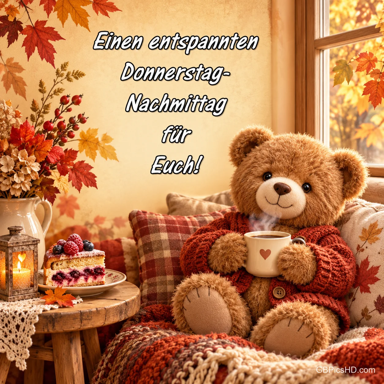 Ein Teddybär im roten Strickpullover hält eine Tasse neben Kuchen mit dem Gruß "Einen entspannten Donnerstag-Nachmittag für Euch!". Ein Teddybär im roten Strickpullover hält eine Tasse neben Kuchen mit dem Gruß "Einen entspannten Donnerstag-Nachmittag für Euch!".