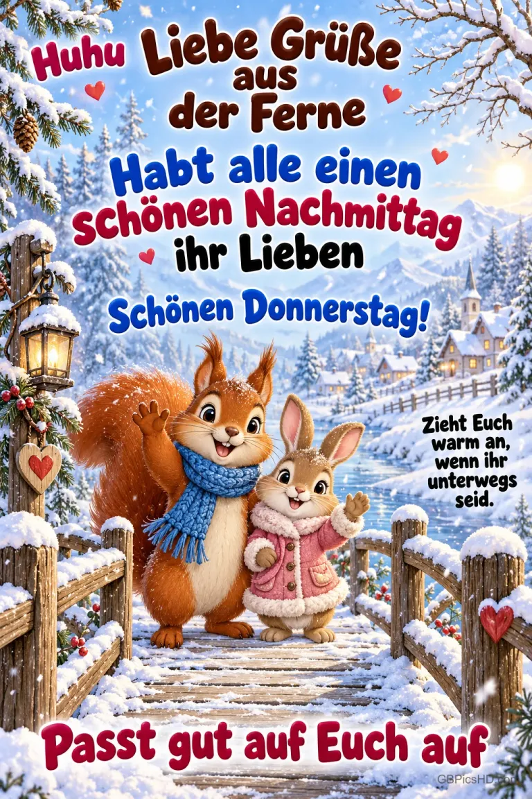 Ein Eichhörnchen mit blauem Schal und ein Hase im rosa Mantel winken auf einer verschneiten Brücke: "Schönen Donnerstag!".
