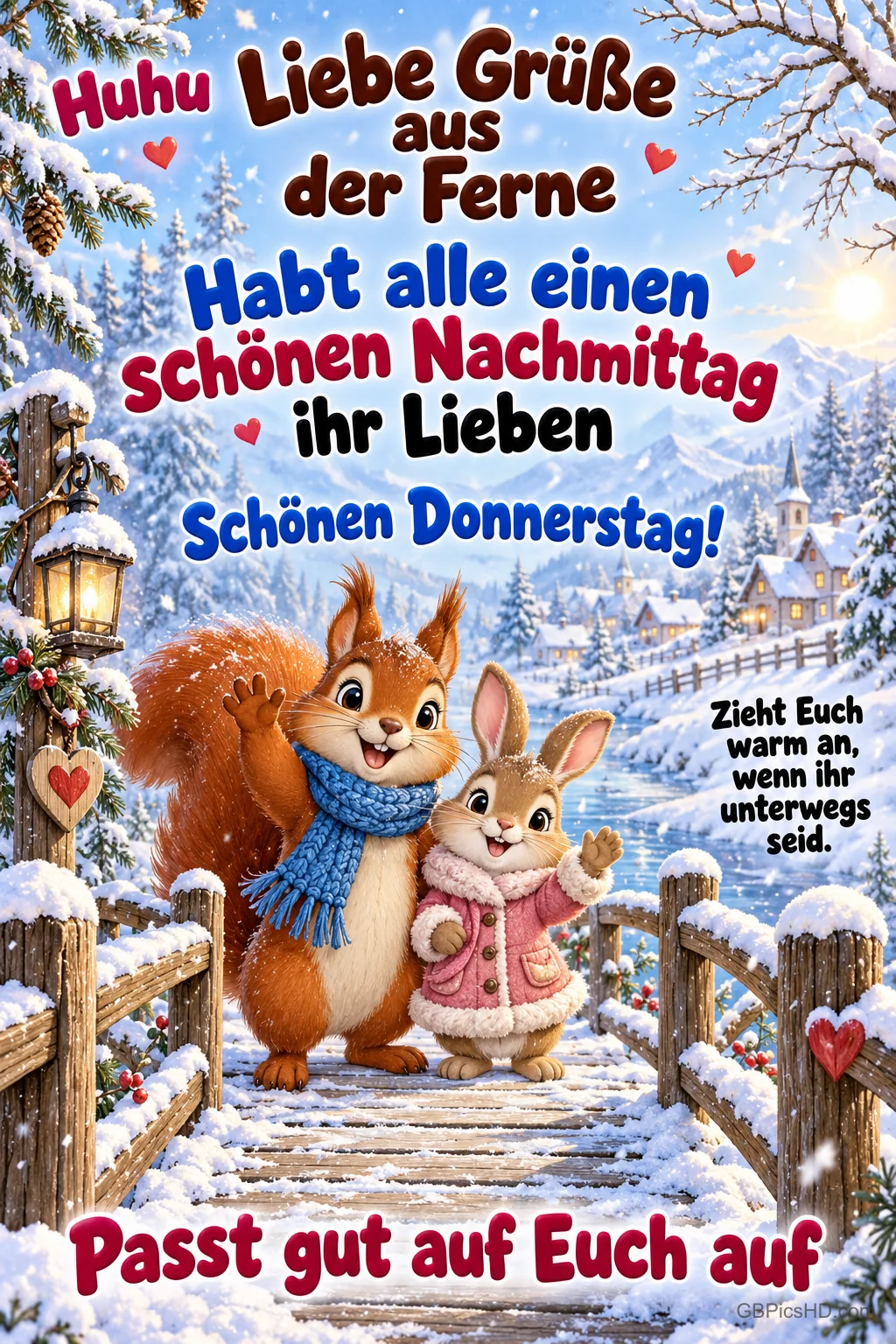 Ein Eichhörnchen mit blauem Schal und ein Hase im rosa Mantel winken auf einer verschneiten Brücke: "Schönen Donnerstag!". Ein Eichhörnchen mit blauem Schal und ein Hase im rosa Mantel winken auf einer verschneiten Brücke: "Schönen Donnerstag!".