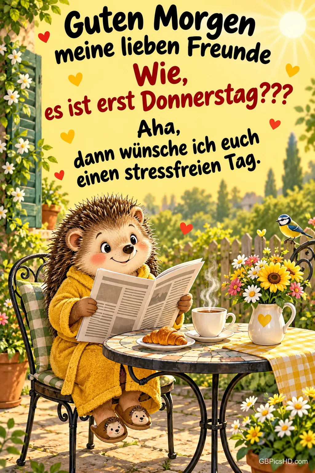 Ein Igel im gelben Bademantel liest am Gartentisch neben Kaffee, Croissant und Blumen Zeitung: "Guten Morgen meine lieben Freunde". Ein Igel im gelben Bademantel liest am Gartentisch neben Kaffee, Croissant und Blumen Zeitung: "Guten Morgen meine lieben Freunde".