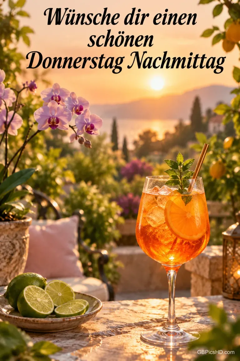 Ein Glas mit orangefarbenem Getränk, Eis und einer Orangenscheibe steht im Garten: "Wünsche dir einen schönen Donnerstagnachmittag".