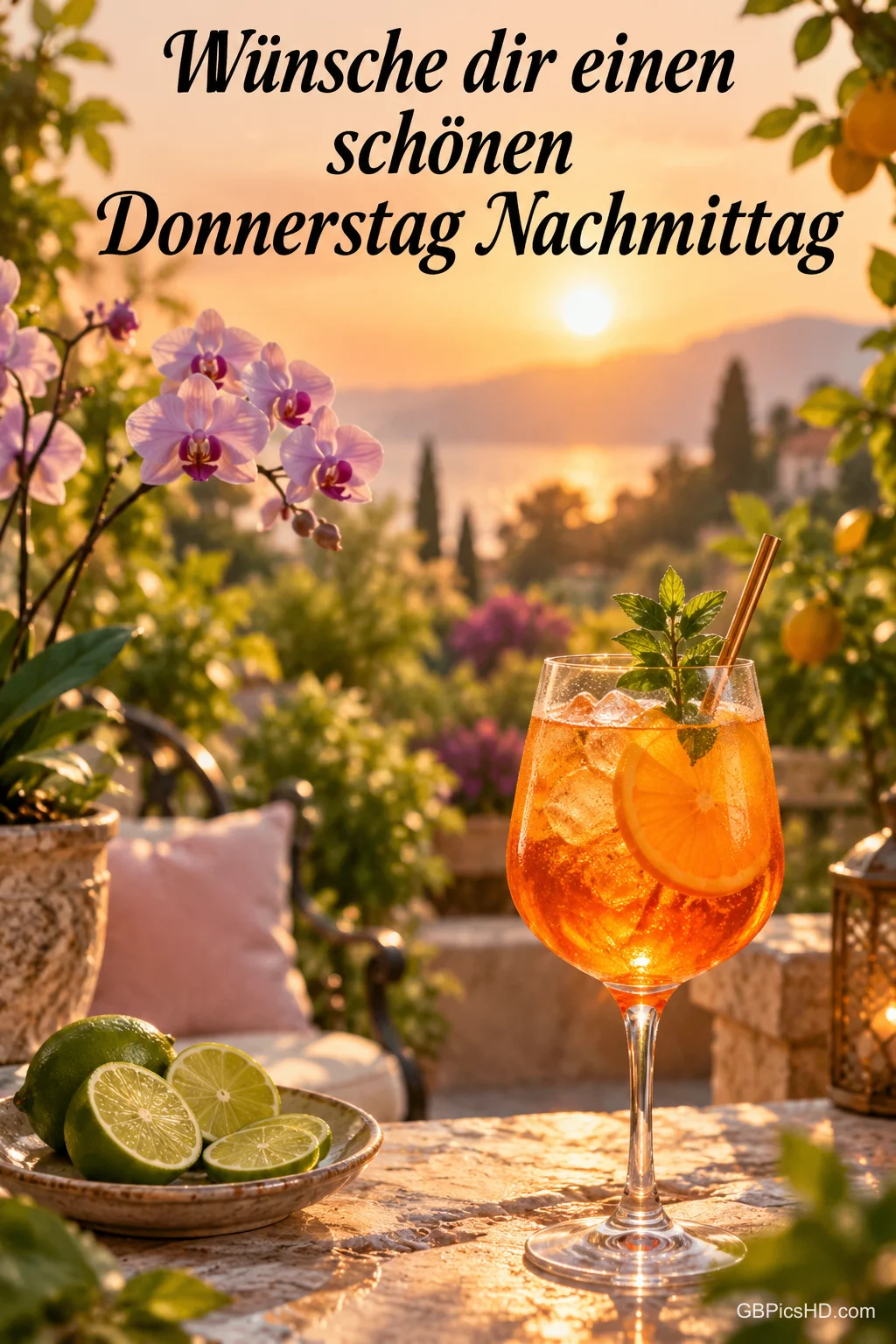 Ein Glas mit orangefarbenem Getränk, Eis und einer Orangenscheibe steht im Garten: "Wünsche dir einen schönen Donnerstagnachmittag". Ein Glas mit orangefarbenem Getränk, Eis und einer Orangenscheibe steht im Garten: "Wünsche dir einen schönen Donnerstagnachmittag".