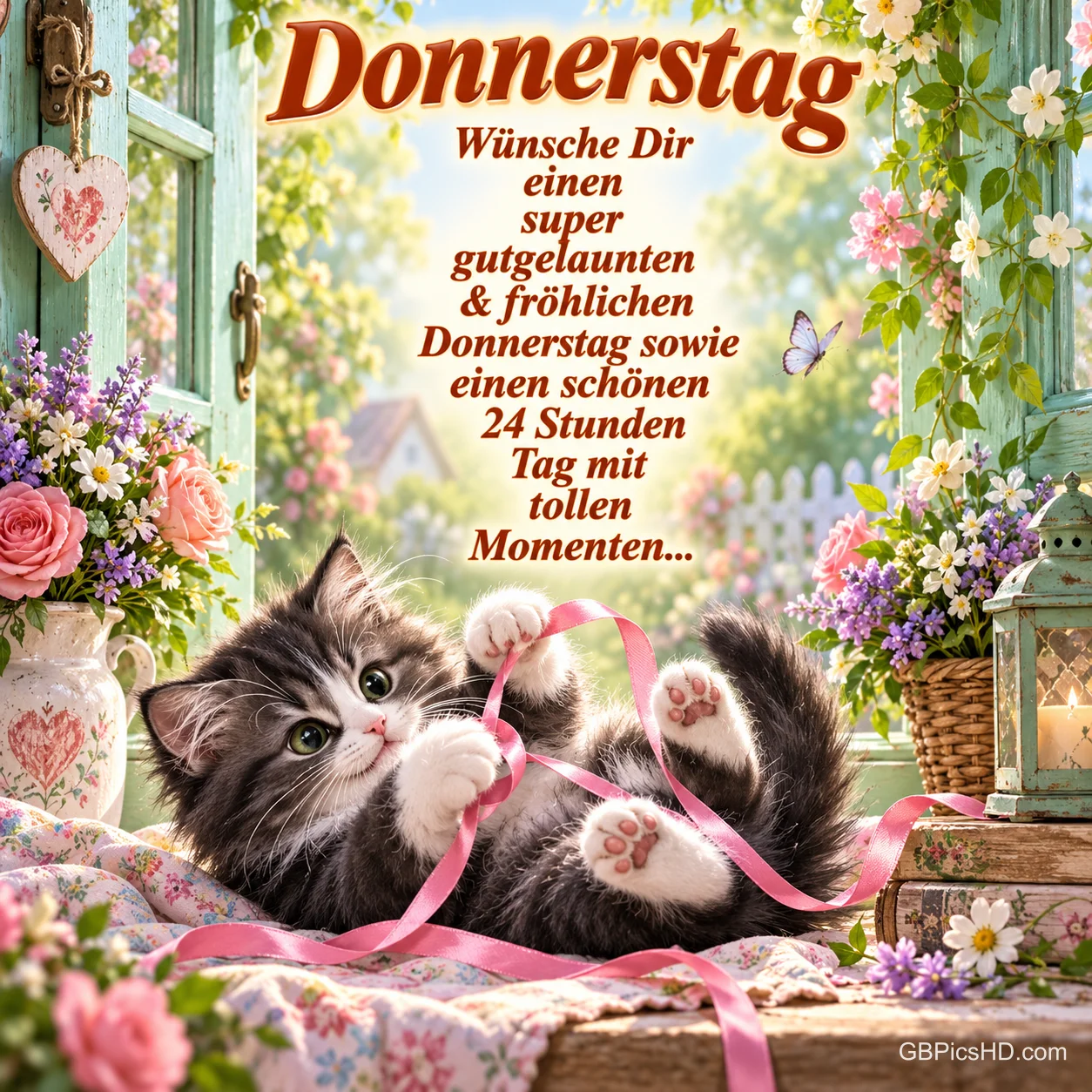 Ein Kätzchen spielt am offenen Fenster zwischen Blumen mit einem rosa Band; darüber steht der Gruß "Donnerstag". Ein Kätzchen spielt am offenen Fenster zwischen Blumen mit einem rosa Band; darüber steht der Gruß "Donnerstag".