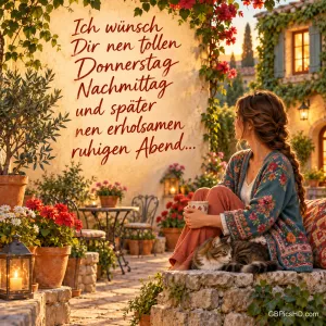 Eine Frau mit Tasse und Katze im blumigen Innenhof: "Ich wünsch Dir nen tollen Donnerstagnachmittag".