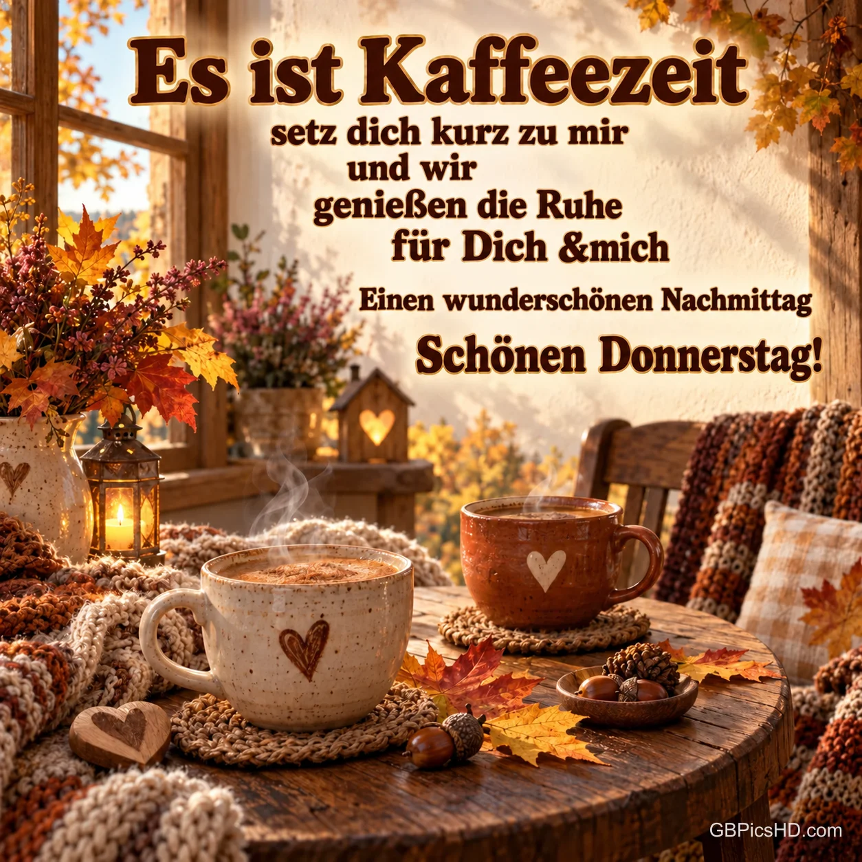 Zwei dampfende Kaffeetassen auf einem herbstlich dekorierten Tisch am Fenster: "Es ist Kaffeezeit". Zwei dampfende Kaffeetassen auf einem herbstlich dekorierten Tisch am Fenster: "Es ist Kaffeezeit".