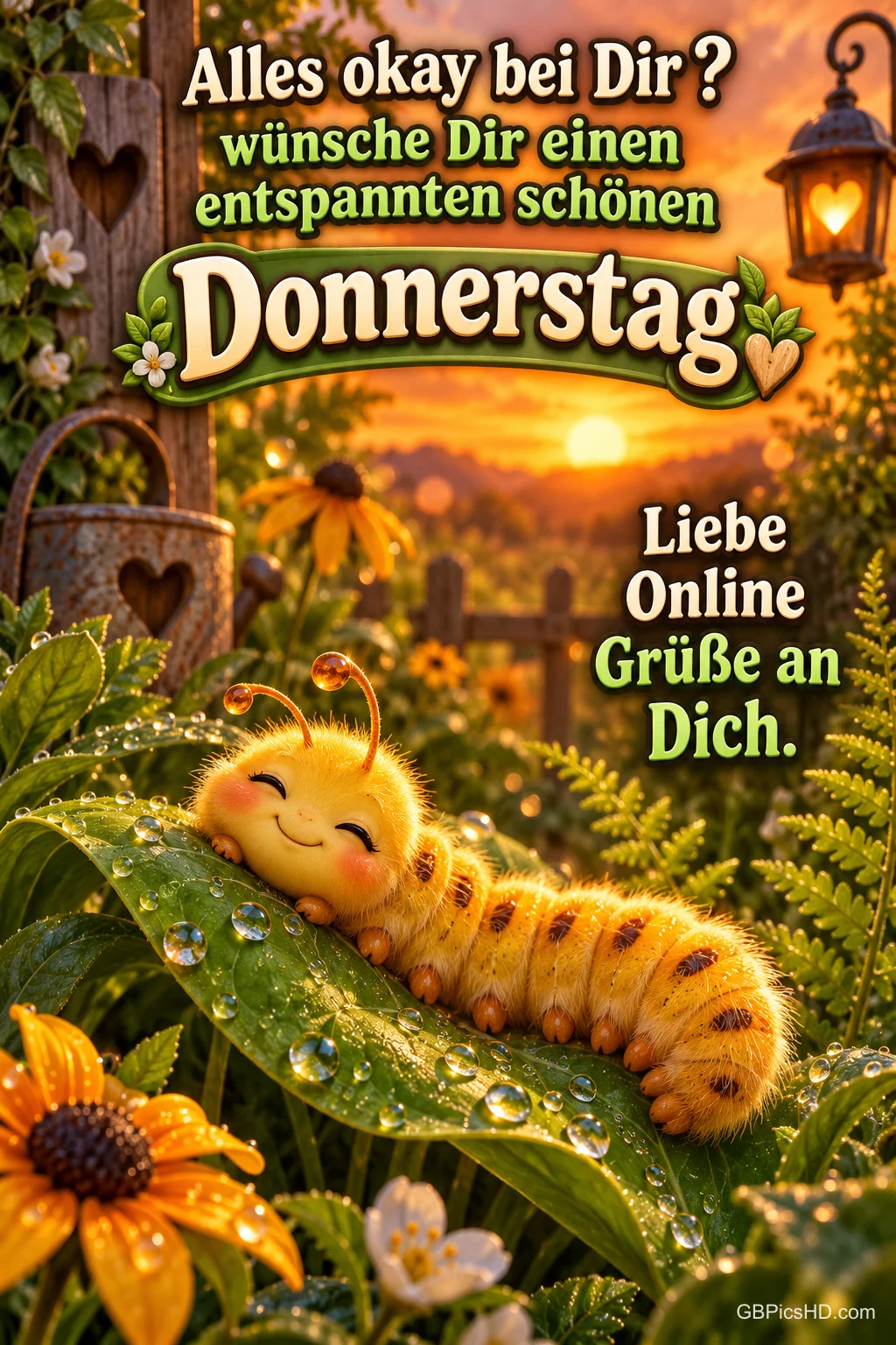 Eine lächelnde gelbe Raupe ruht auf einem Blatt im Sonnenuntergang: "Wünsche Dir einen entspannten schönen Donnerstag". Eine lächelnde gelbe Raupe ruht auf einem Blatt im Sonnenuntergang: "Wünsche Dir einen entspannten schönen Donnerstag".