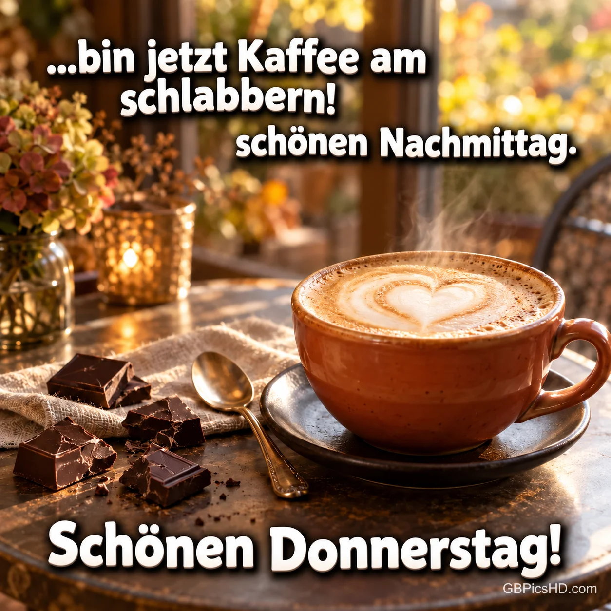 Eine Tasse Kaffee mit Milchschaumherz neben Schokolade im warmen Fensterlicht: "Schönen Donnerstag!". Eine Tasse Kaffee mit Milchschaumherz neben Schokolade im warmen Fensterlicht: "Schönen Donnerstag!".