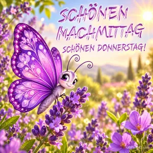 Ein violetter Schmetterling sitzt zwischen lila Blüten im Sonnenlicht: "Schönen Nachmittag", "Schönen Donnerstag!".