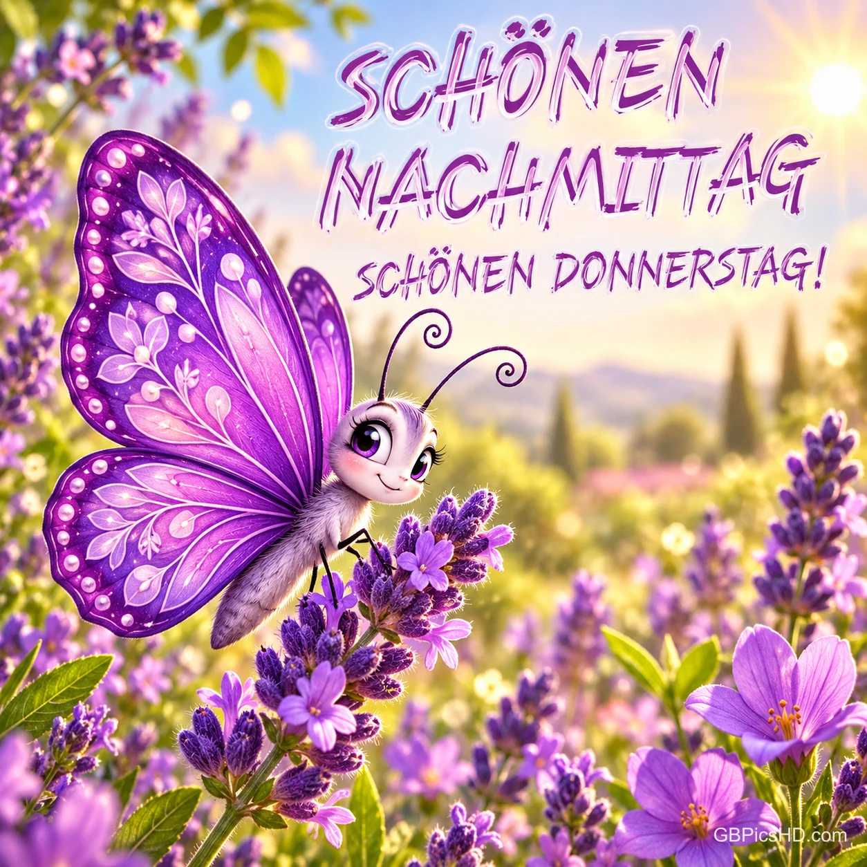 Ein violetter Schmetterling sitzt zwischen lila Blüten im Sonnenlicht: "Schönen Nachmittag", "Schönen Donnerstag!". Ein violetter Schmetterling sitzt zwischen lila Blüten im Sonnenlicht: "Schönen Nachmittag", "Schönen Donnerstag!".