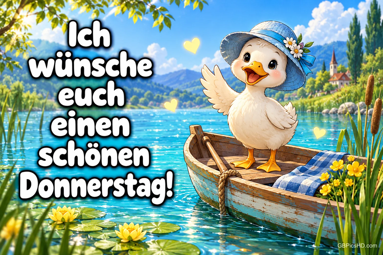 Eine weiße Ente mit blauem Hut winkt aus einem Holzboot auf dem See: "Ich wünsche euch einen schönen Donnerstag!". Eine weiße Ente mit blauem Hut winkt aus einem Holzboot auf dem See: "Ich wünsche euch einen schönen Donnerstag!".