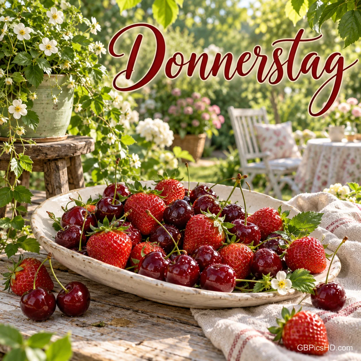 Eine Schale mit Erdbeeren und Kirschen steht auf einem Gartentisch unter dem Schriftzug "Donnerstag". Eine Schale mit Erdbeeren und Kirschen steht auf einem Gartentisch unter dem Schriftzug "Donnerstag".