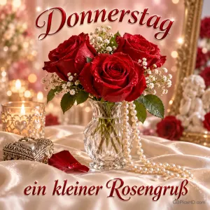 Rote Rosen in einer Kristallvase mit Perlen und Kerzenlicht auf hellem Satin: "Donnerstag ein kleiner Rosengruß".