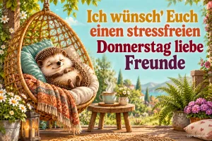 Ein Igel entspannt im Hängesessel neben einer dampfenden Tasse: "Ich wünsch' Euch einen stressfreien Donnerstag liebe Freunde".