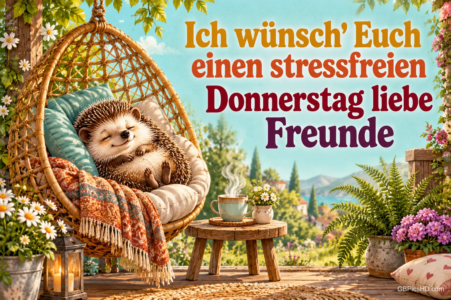 Ein Igel entspannt im Hängesessel neben einer dampfenden Tasse: "Ich wünsch' Euch einen stressfreien Donnerstag liebe Freunde". Ein Igel entspannt im Hängesessel neben einer dampfenden Tasse: "Ich wünsch’ Euch einen stressfreien Donnerstag liebe Freunde".