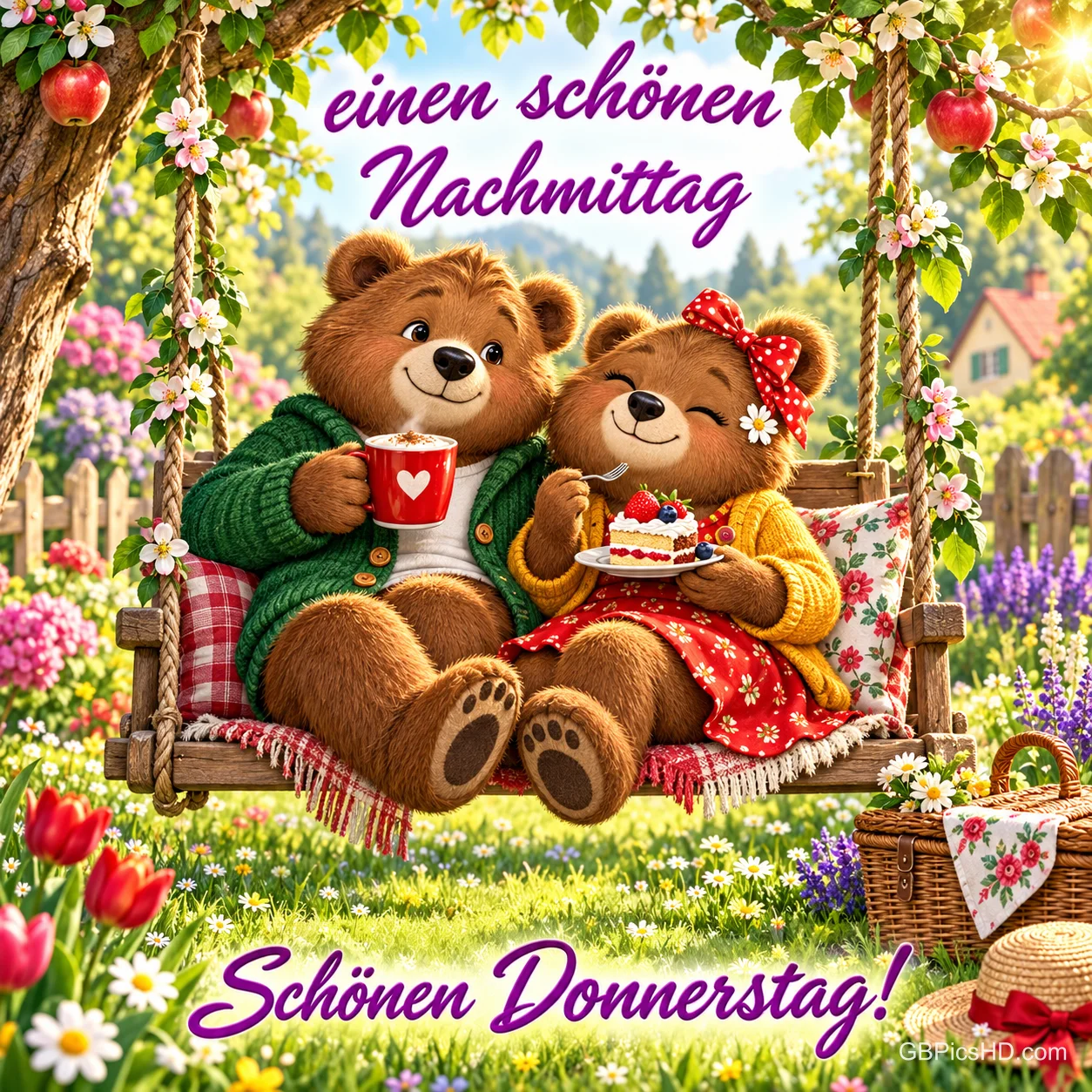 Zwei Teddybären mit Tasse und Kuchen auf einer Gartenschaukel: "Einen schönen Nachmittag", "Schönen Donnerstag!". Zwei Teddybären mit Tasse und Kuchen auf einer Gartenschaukel: "Einen schönen Nachmittag", "Schönen Donnerstag!".